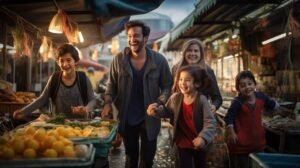 A happy family exploring a Thai night market