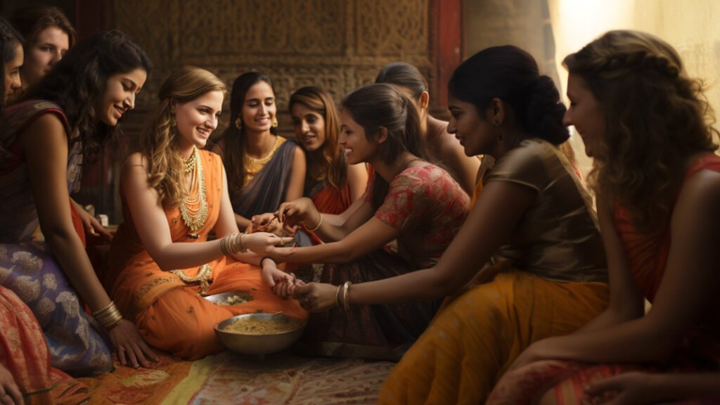 Women sitting in a circle enjoying a meal and looking at jewelry