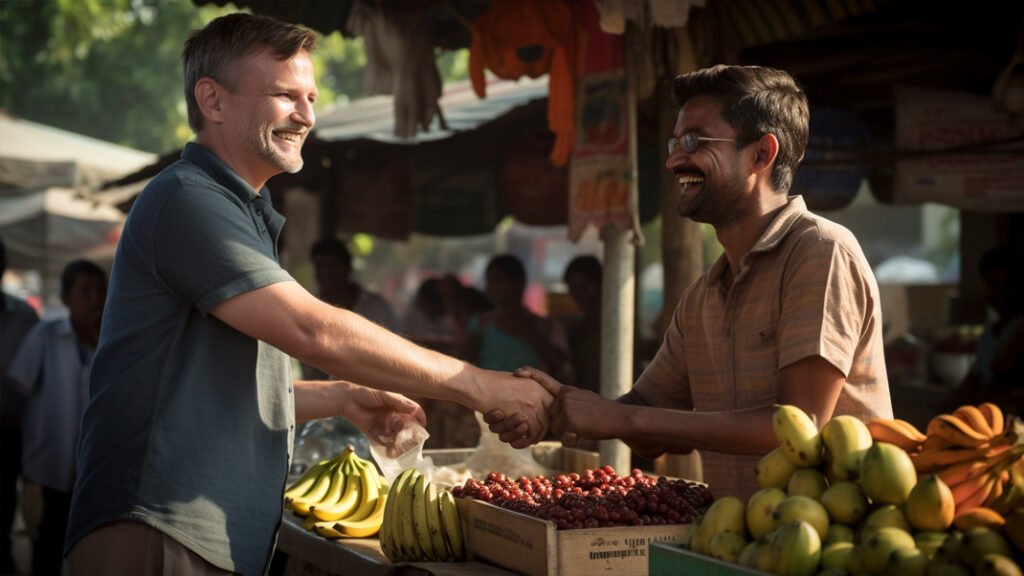 Two happy men at an Indian fruit stand
