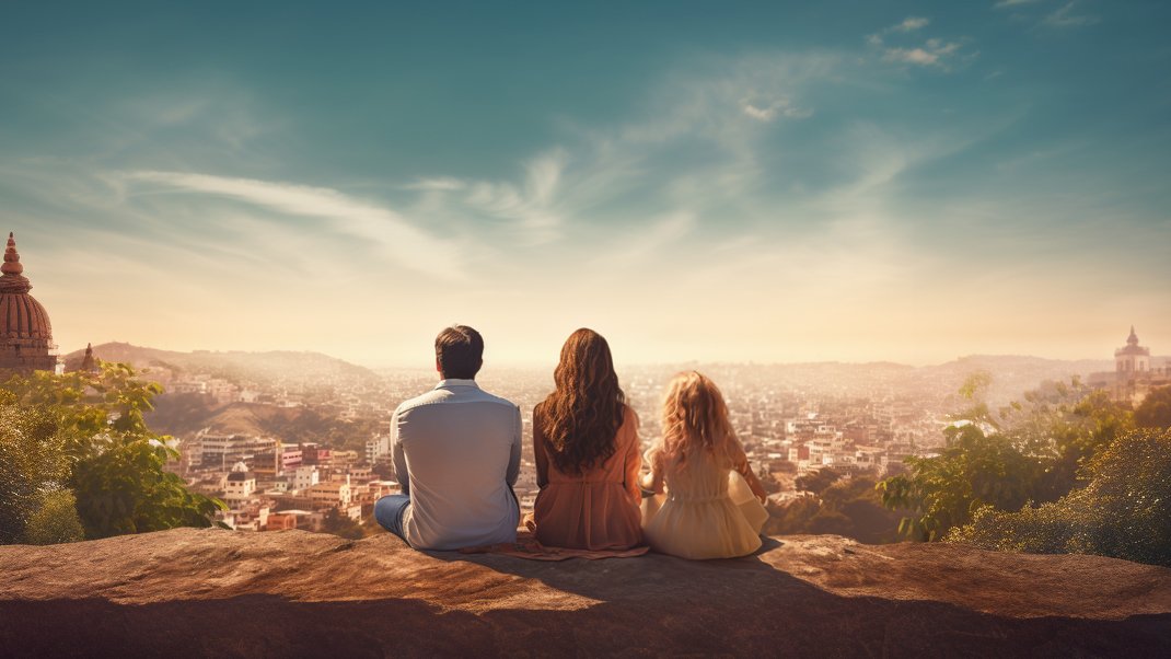 a man, woman, and daughter sitting overlooking an Indian cityscape