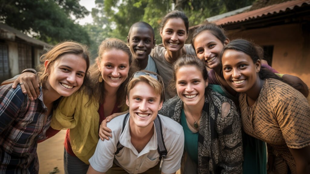 Group of expats with Indians in a village