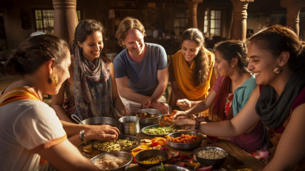 A group of people participating in an Indian cooking class