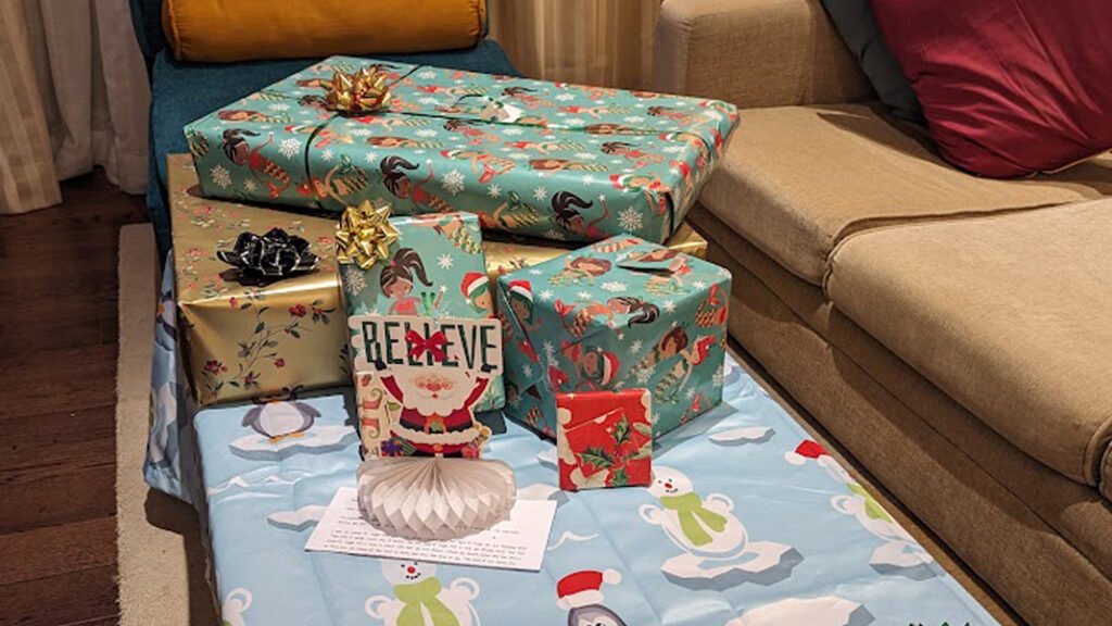 Christmas Packages left by a secret santa social sponsor